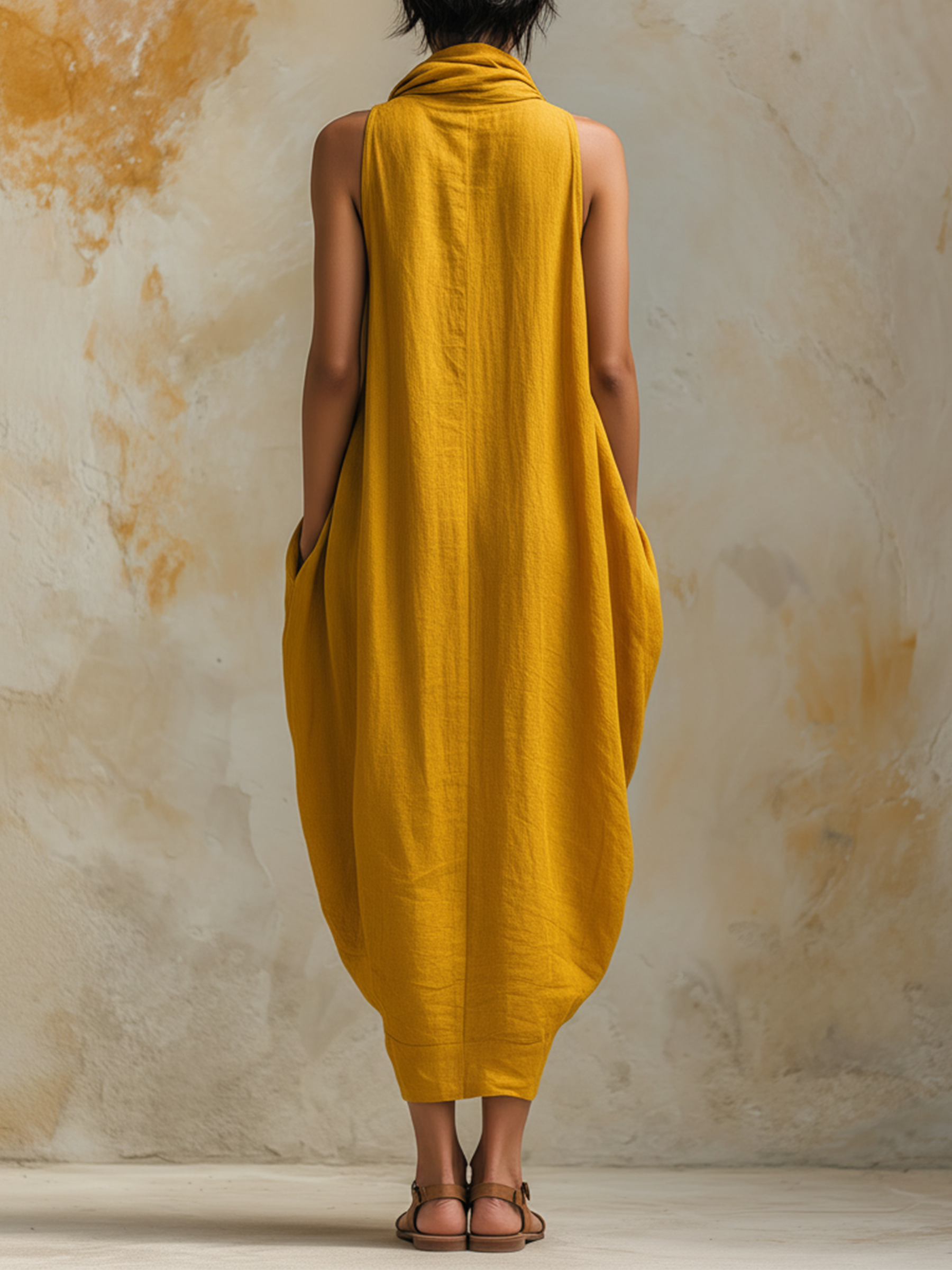 Mustard Yellow Linen Tencel Halter Neck Maxi Dress