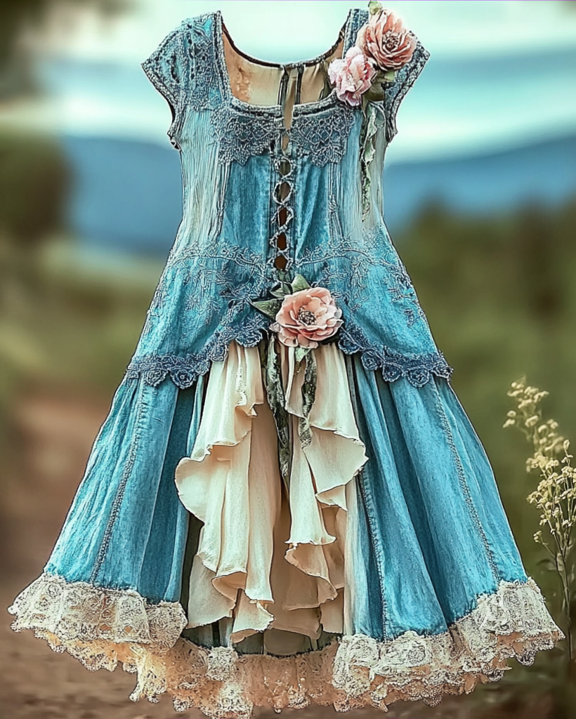 Summer Vacation Ruffle Lace Denim Dress  1a86