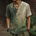Men's Bamboo Embroidery Gradient V-neck Short Sleeve Linen Blend Shirt