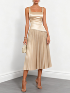 Champagne Pleated Satin Square Neck Sleeveless A-Line Midi Dress