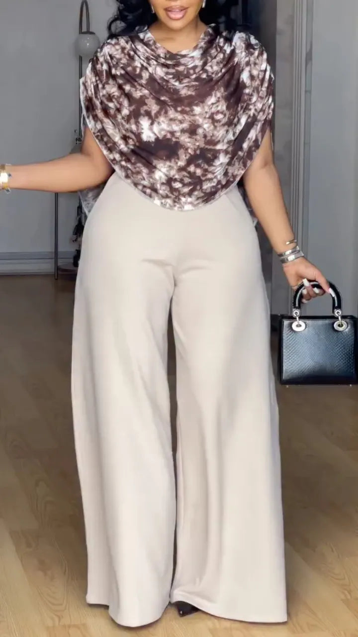 Abstract Print Draped Cape Top & Solid Wide Leg Pants Two Piece Set