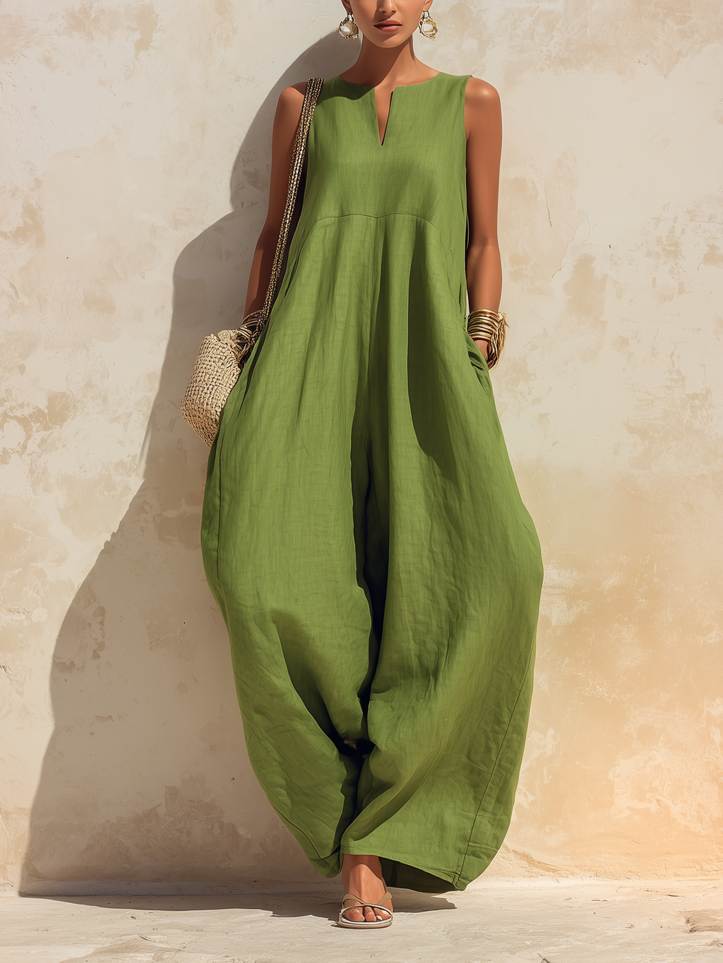Sleeveless Wide-Leg Linen-Blend Jumpsuit