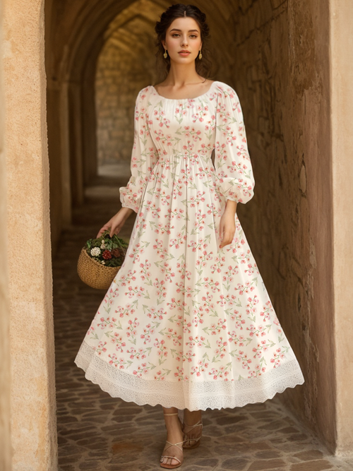 Cotton And Linen Floral Regular Fit Long Sleeve Elegant Dress, Pink