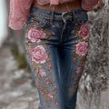 Vintage Pink Roses Glitter Embroidered Washed Skinny Jeans