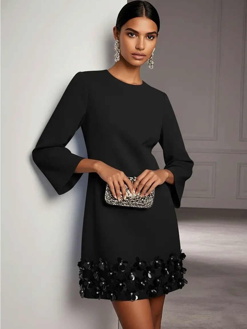 Black 3D Floral Classic Crew Neck Long Sleeve Bell Sleeve A-Line Mini Dress