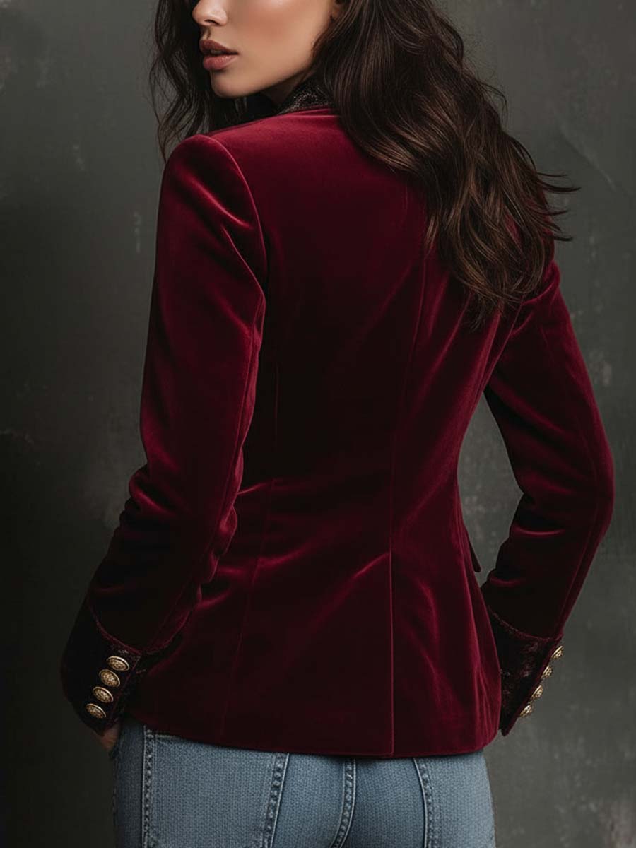 Burgundy Velvet Blazer With Printed Lapel And Cuffs