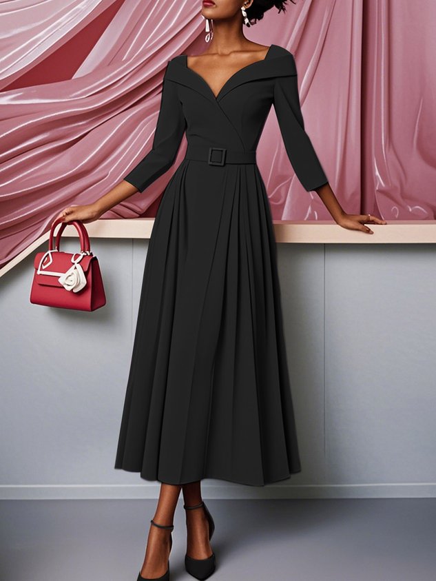 Off White Pleated Ruched Three Quarter Sleeve A-Line Maxi Dress