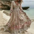 Women's Pink Rose Embroidered Casual And Elegant V-neck Dress