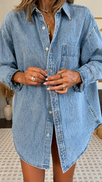 Oversized Denim Shirt + Crochet Mini Skirt Matching Outfit