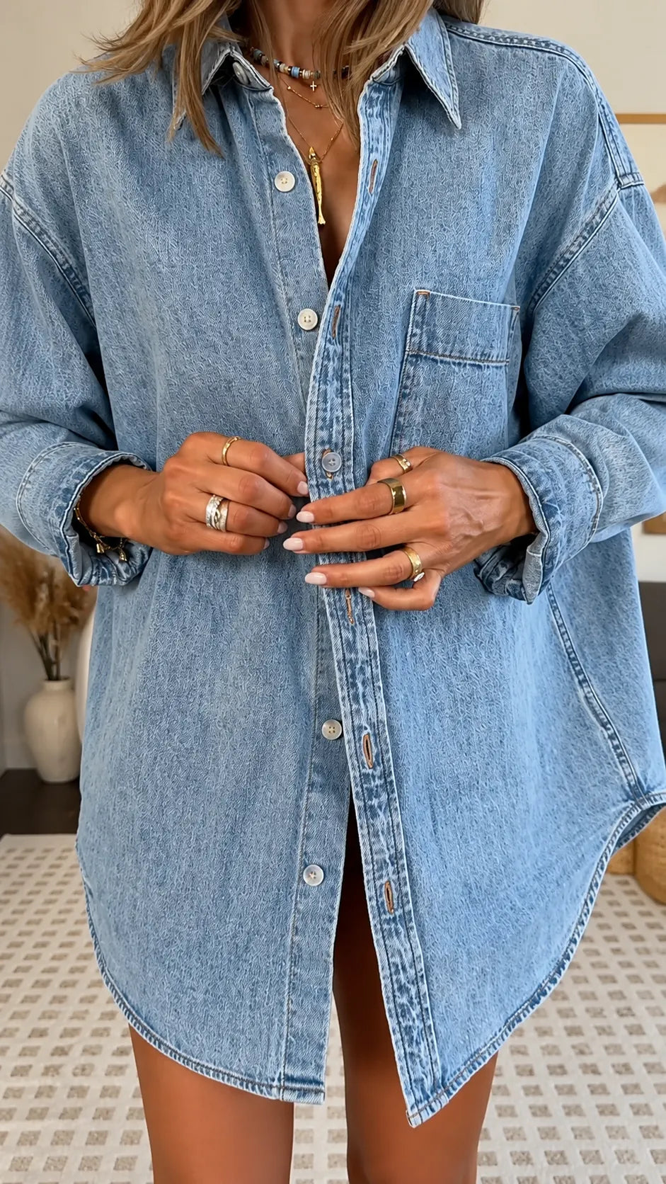 Oversized Denim Shirt + Crochet Mini Skirt Matching Outfit