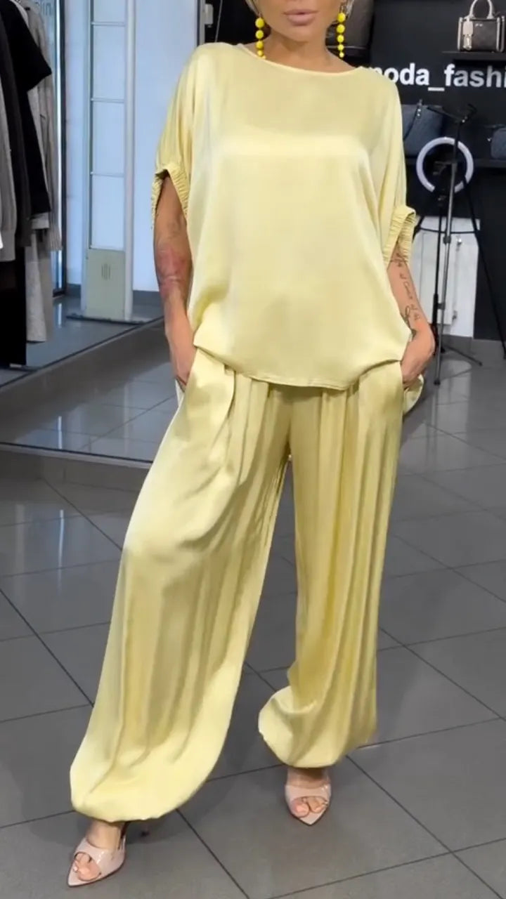 Silky Short Sleeve Wide Leg Pant Set