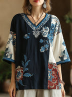 Women's Floral Pattern Color Block Linen V-neck T-shirt