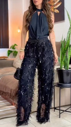 Black Sequin Fringe Flared Pants