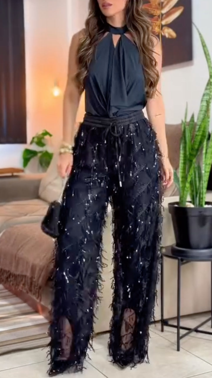 Black Sequin Fringe Flared Pants