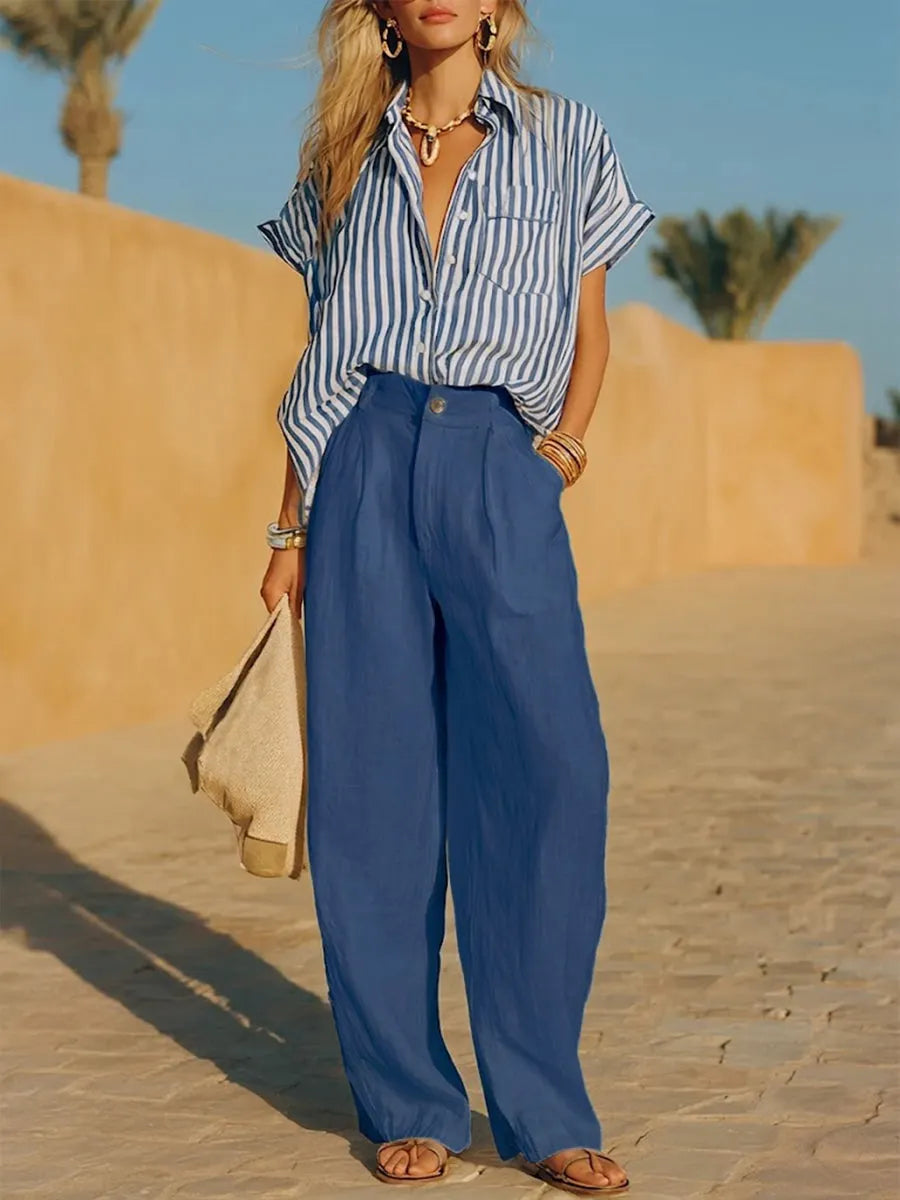 Casual Linen And Cotton Striped Shirt And Solid-color Trousers Two-piece Set