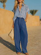 Casual Linen And Cotton Striped Shirt And Solid-color Trousers Two-piece Set