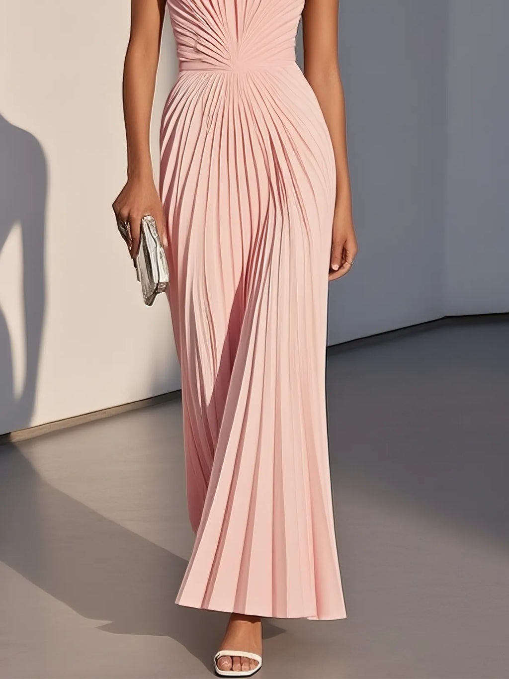 Pink Pleated Classic Strapless Sleeveless A-Line Maxi Dress