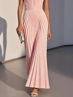 Pink Pleated Classic Strapless Sleeveless A-Line Maxi Dress