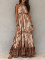 Boho Cocoa Blossom Tiered Halter Maxi Dress