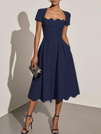 Light Blue Asymmetric Classic Square Neck Short Sleeve A-Line Midi Dress