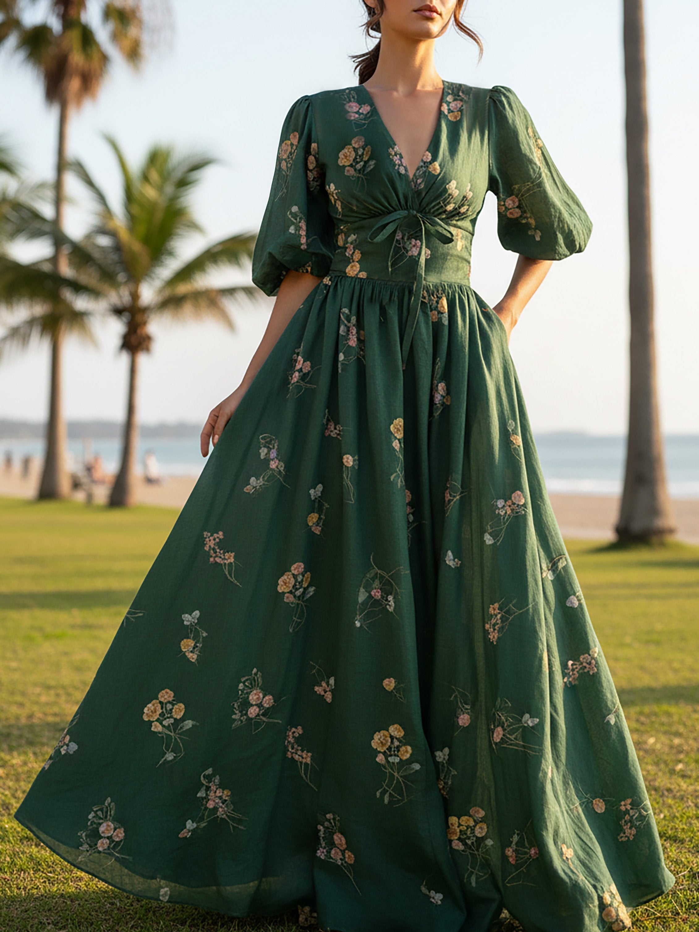 Maxi Linen Dress, Half Sleeve, V Neck, Floral, Bow, Vintage, Green
