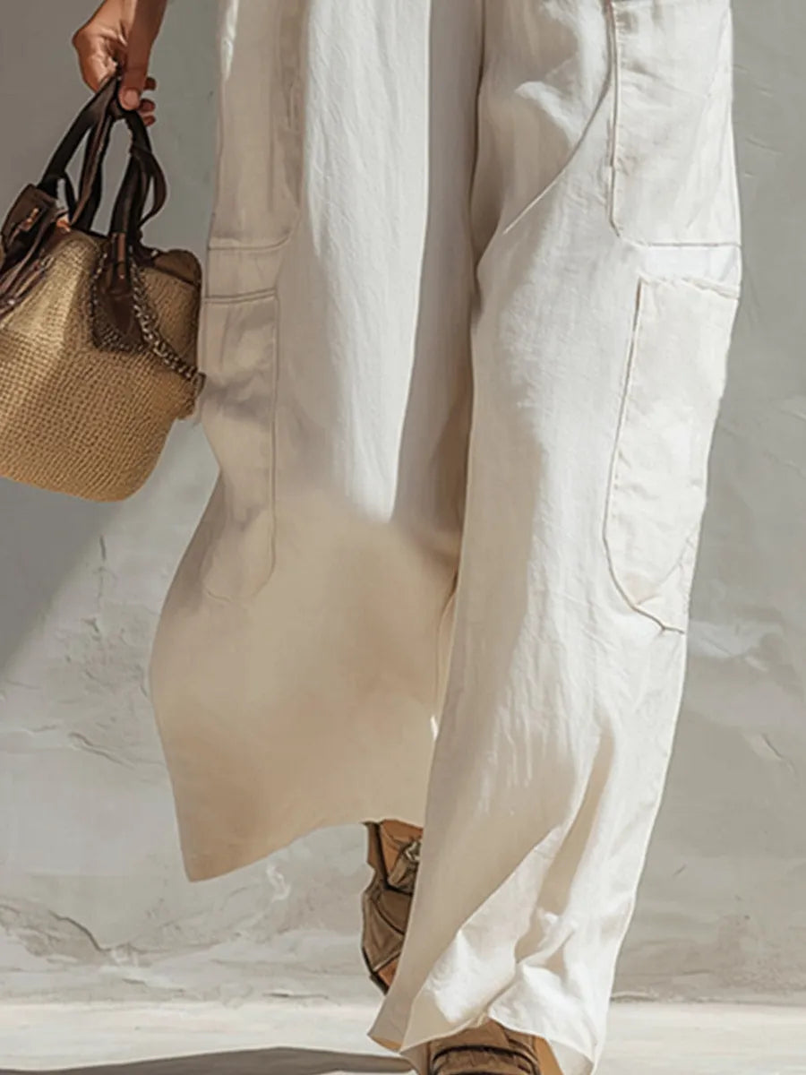 Casual & Simple Off-White Cotton-Linen Sleeveless Multi-Pocket Jumpsuit