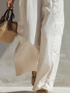 Casual & Simple Off-White Cotton-Linen Sleeveless Multi-Pocket Jumpsuit