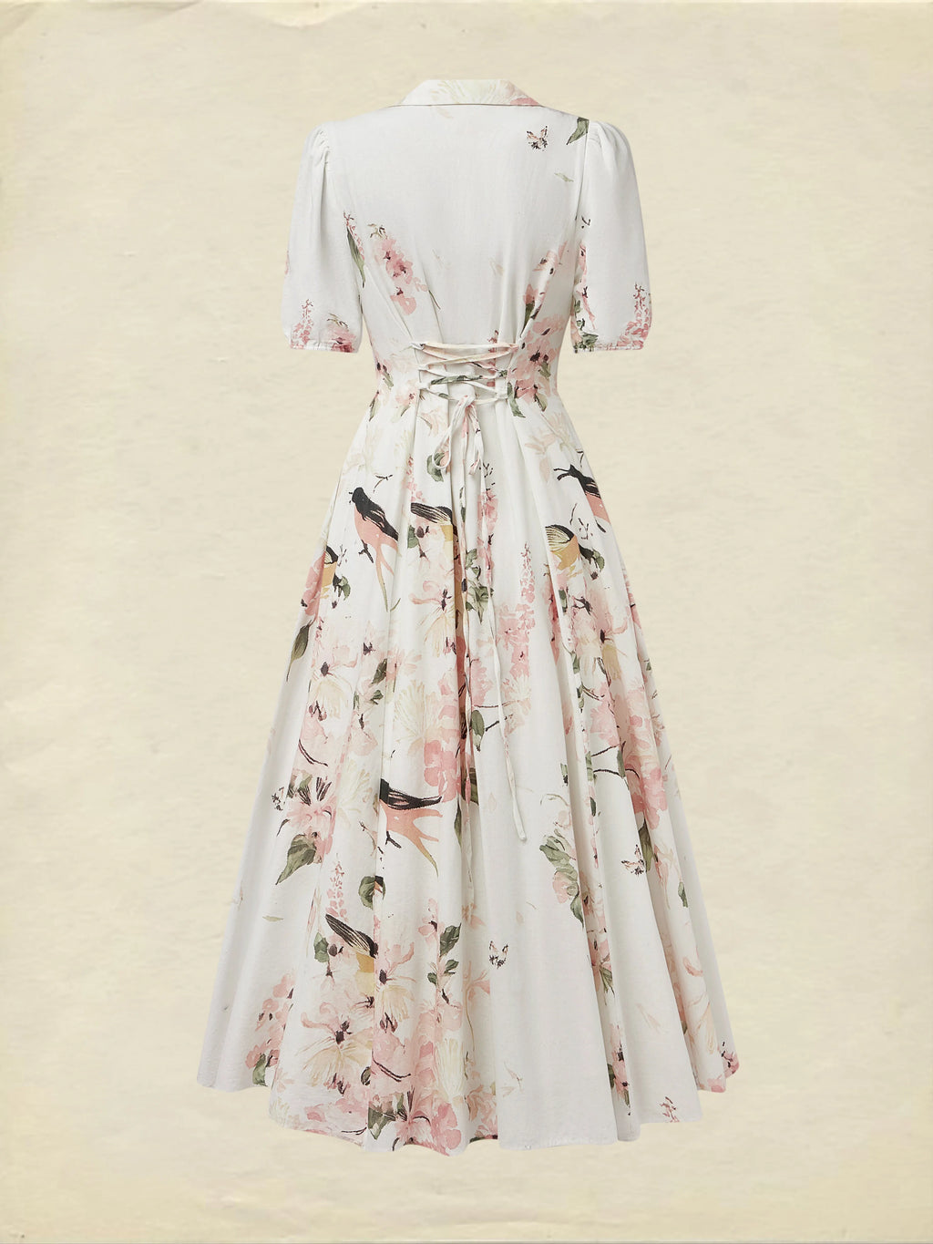 Linen Maxi Dress, Balloon Sleeve, Shawl Collar, Floral, Vintage, White