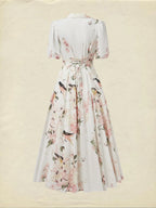 Linen Maxi Dress, Balloon Sleeve, Shawl Collar, Floral, Vintage, White