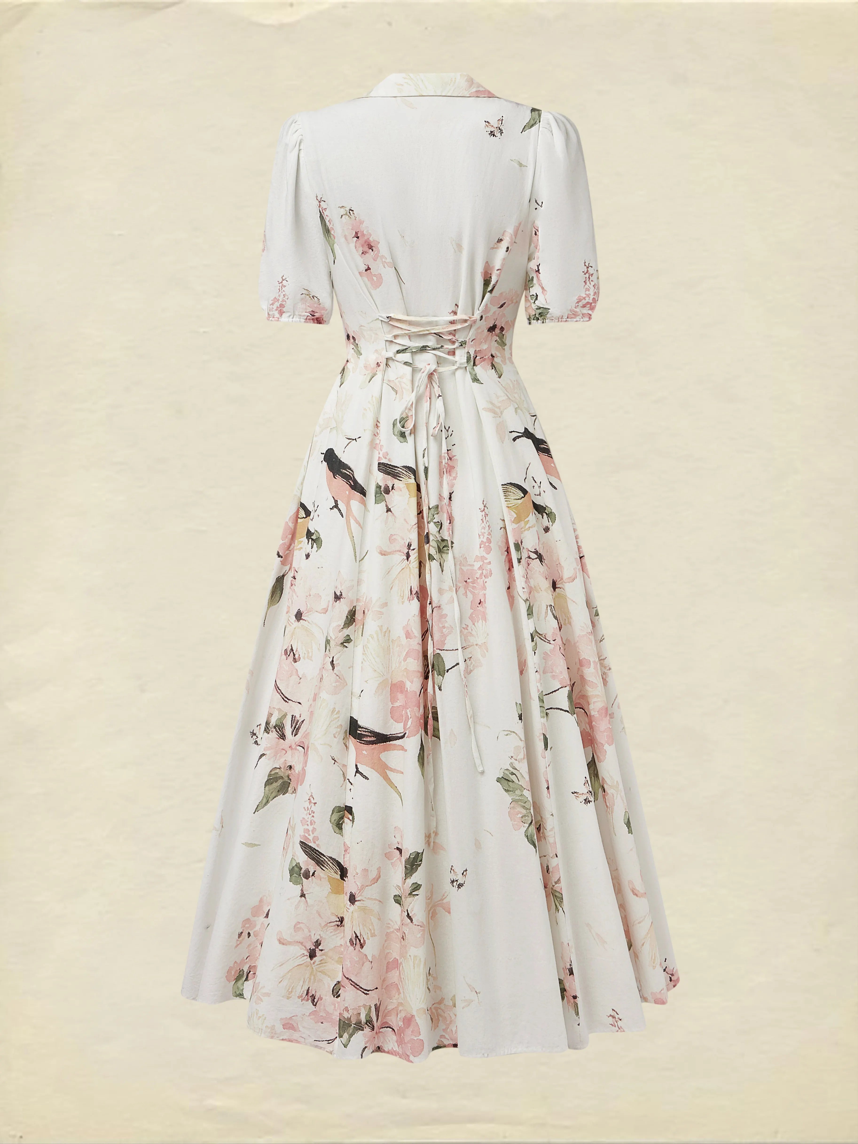 Linen Maxi Dress, Balloon Sleeve, Shawl Collar, Floral, Vintage, White
