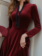 Midi Cotton Dress, Long Sleeves, Stand Collar, Plain, Lace, French Vintage, Wine Red