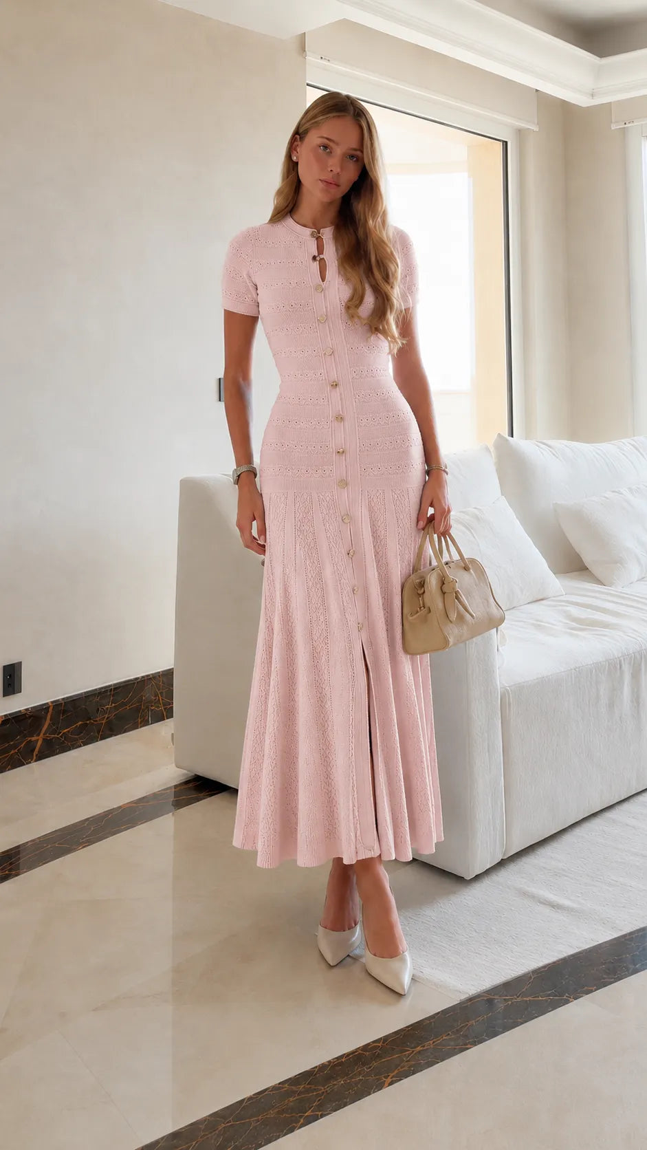 Hollow Knit Waist-Cinched Midi Dress