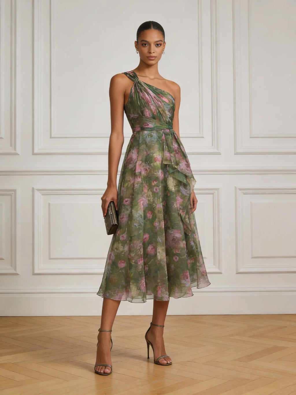 Green Floral Ruched Chiffon One Shoulder Sleeveless A-Line Midi Dress