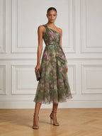 Green Floral Ruched Chiffon One Shoulder Sleeveless A-Line Midi Dress