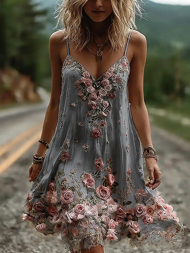 Vintage Boho Floral Embroidery Art Linen Mini Caimi Dress