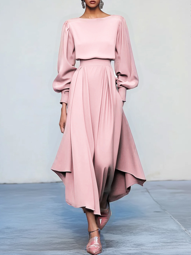 Rose Red Asymmetric Boat Neck Long Balloon Sleeve A-Line Midi Dress