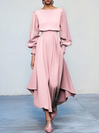 Rose Red Asymmetric Boat Neck Long Balloon Sleeve A-Line Midi Dress