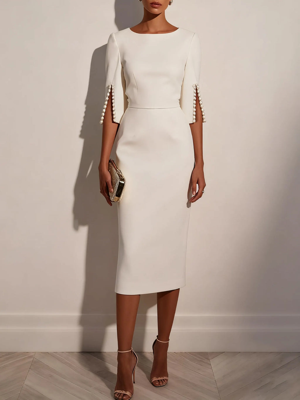 White Faux Pearl Classic Crew Neck Half Sleeve Sheath Midi Dress