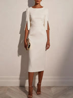 White Faux Pearl Classic Crew Neck Half Sleeve Sheath Midi Dress