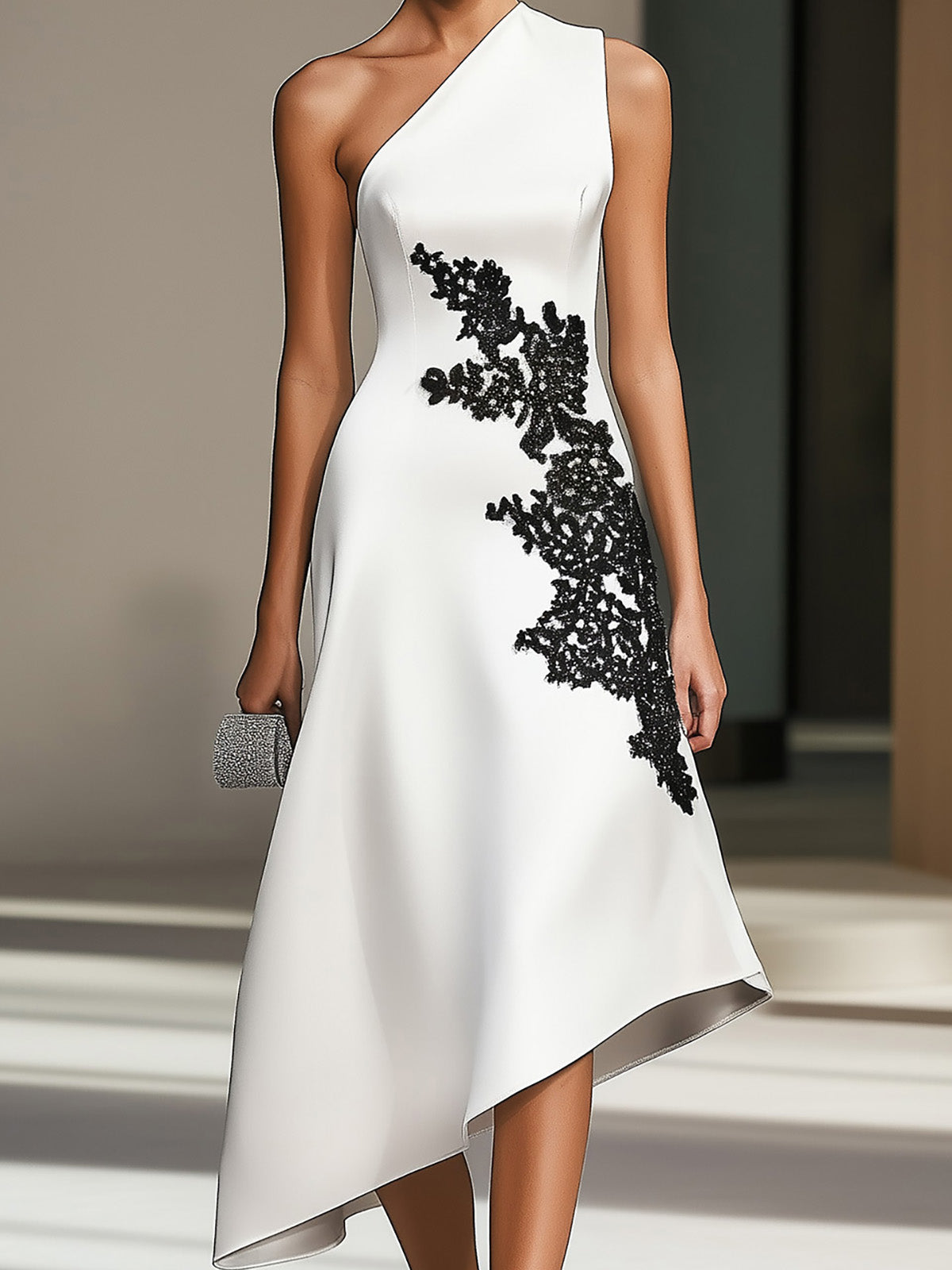 Stylish White Satin One-Shoulder Dress with Black Lace Detail