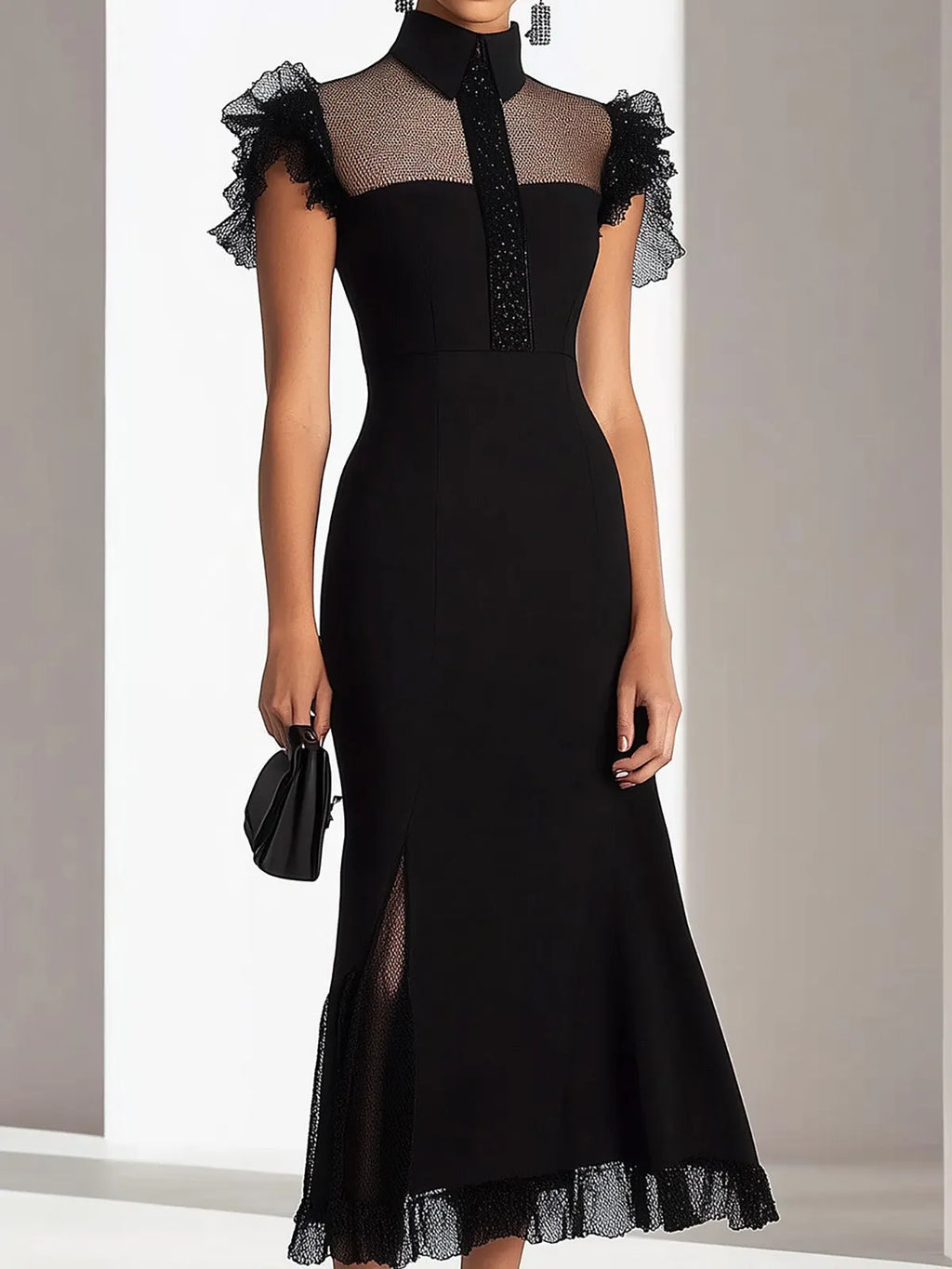 Elegant Black Sheath Dress with Neckline Mesh Detail