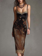 Vintage Glam Printed Satin Lace Trim Midi Dress