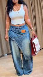 Asymmetric Wrap Skirt Panel Wide Leg Denim Pants