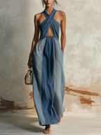 Blue Denim Halter Neck Cutout Color Block Maxi Dress