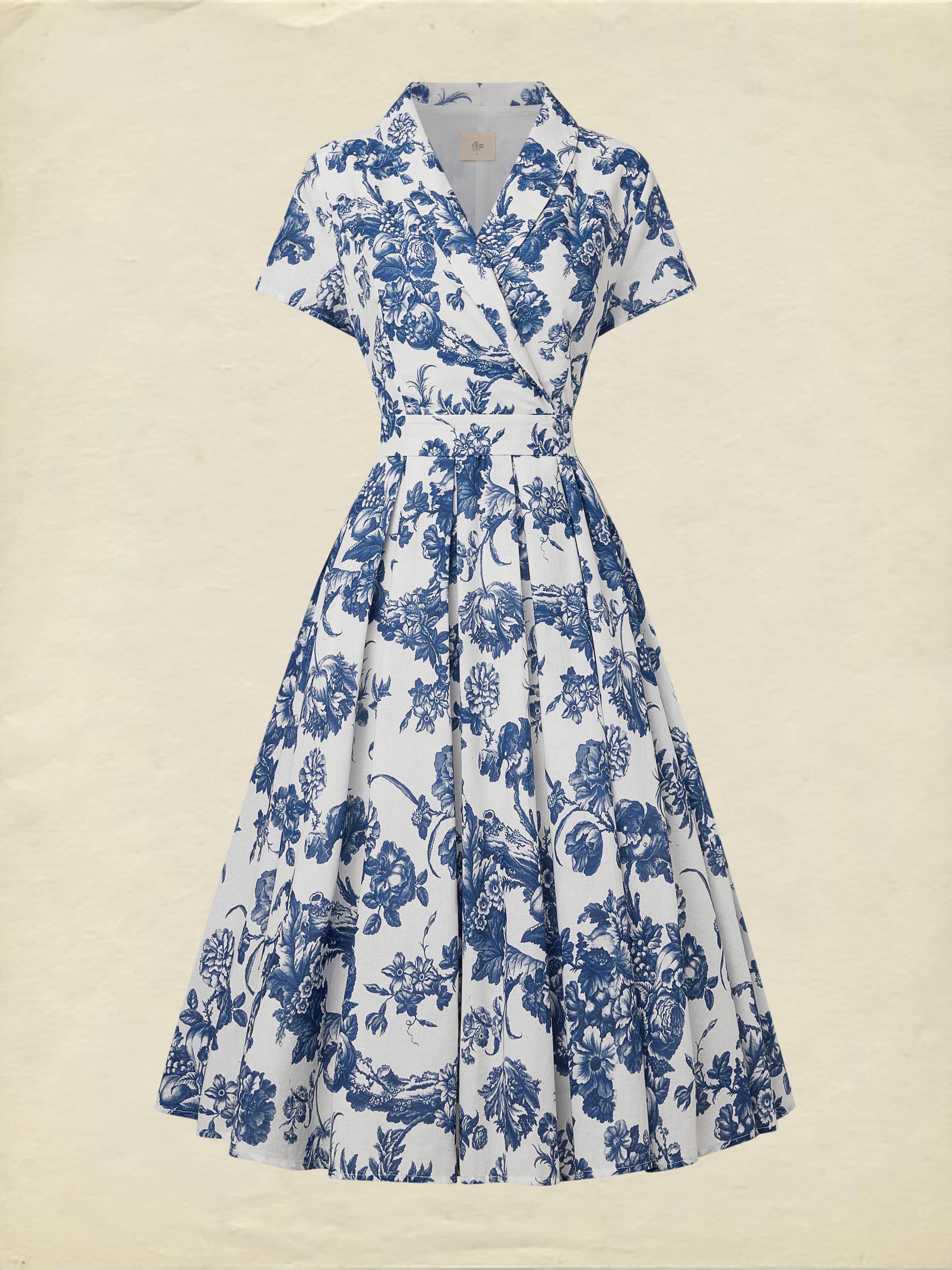 Midi Linen Dress , Short Sleeves, Shawl Collar, Floral, Vacation, Vintage, Blue