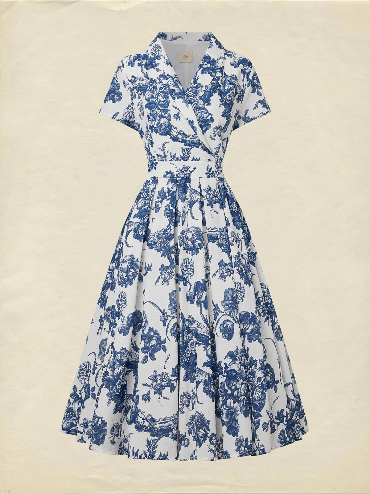 Midi Linen Dress , Short Sleeves, Shawl Collar, Floral, Vacation, Vintage, Blue