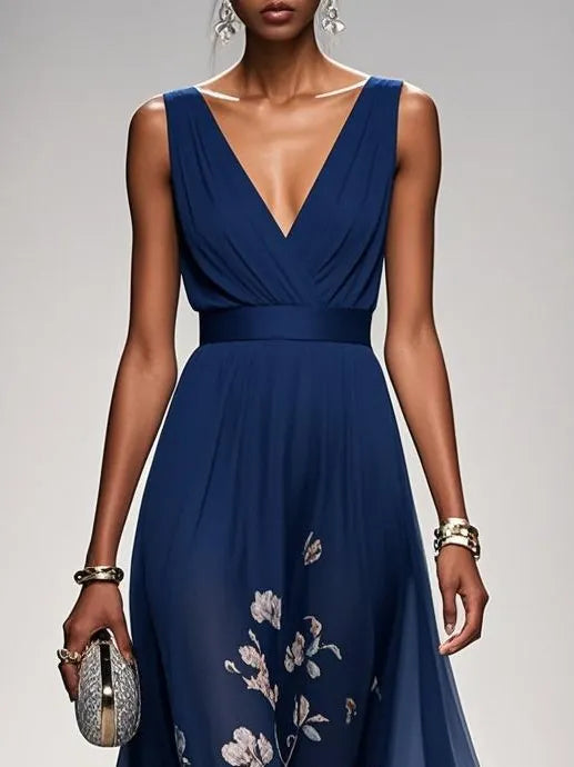 Navy Blue Floral Mesh V Neck Sleeveless A-Line Maxi Dress