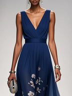Navy Blue Floral Mesh V Neck Sleeveless A-Line Maxi Dress