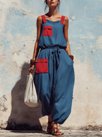 Color Block Sleeveless Tie-Waist Jumpsuit With Pockets