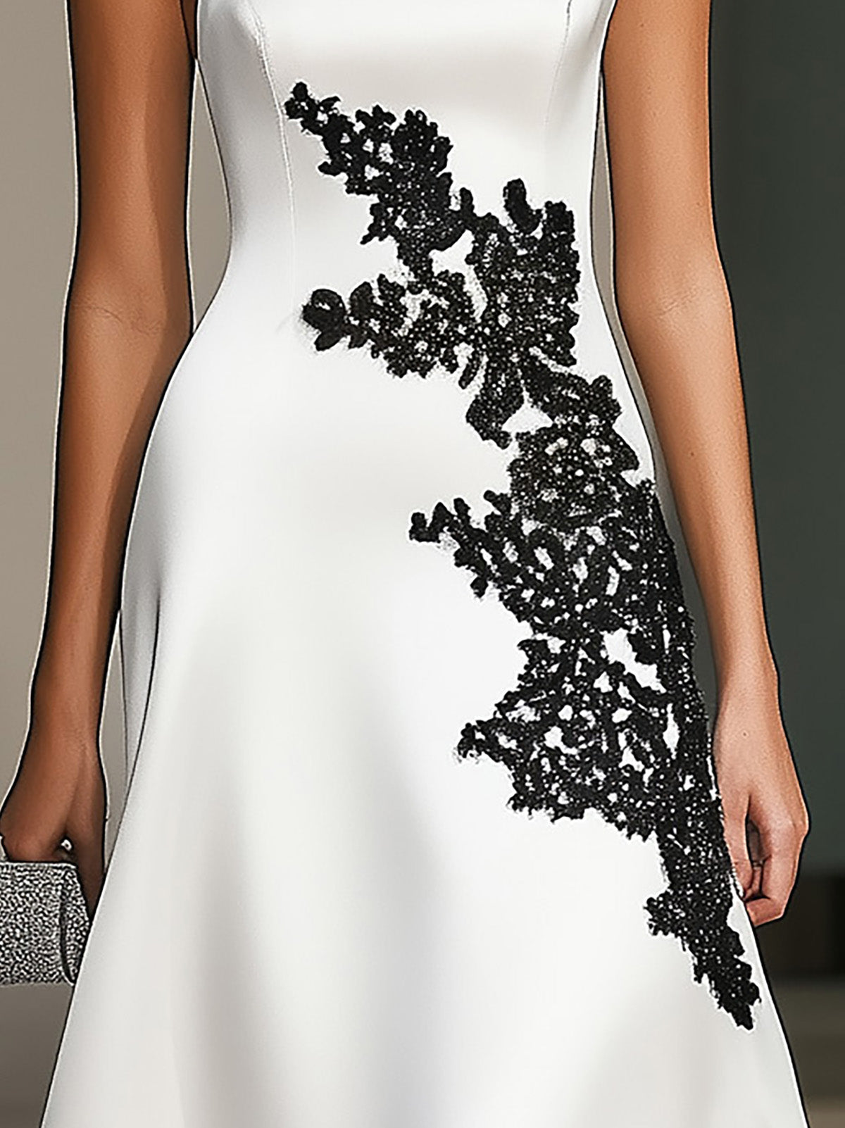 Stylish White Satin One-Shoulder Dress with Black Lace Detail